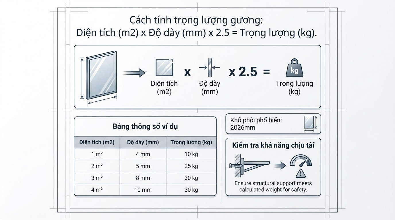 Sơ đồ tính trọng lượng tấm gương theo diện tích và độ dày để kiểm tra chịu tải