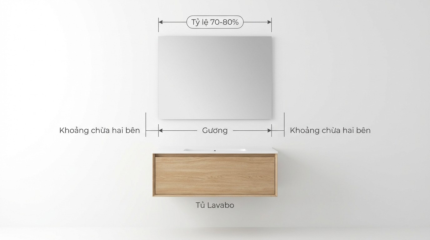 Sơ đồ tỷ lệ 70 80% giữa bề rộng gương và tủ lavabo, kèm khoảng chừa hai bên