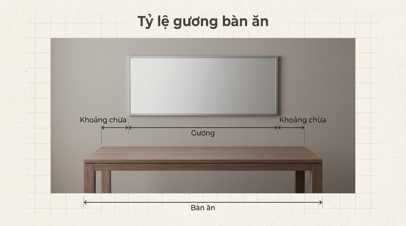 Hướng Dẫn Chọn Gương Bàn Ăn Theo Phong Thuỷ Chuẩn Kích Thước 1 Sơ đồ tỷ lệ chiều dài gương bàn ăn so với bàn và khoảng chừa hai bên