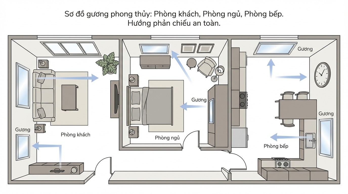 so do vi tri dat guong phong thuy theo phong khach phong ngu va bep voi huong phan chieu an toan