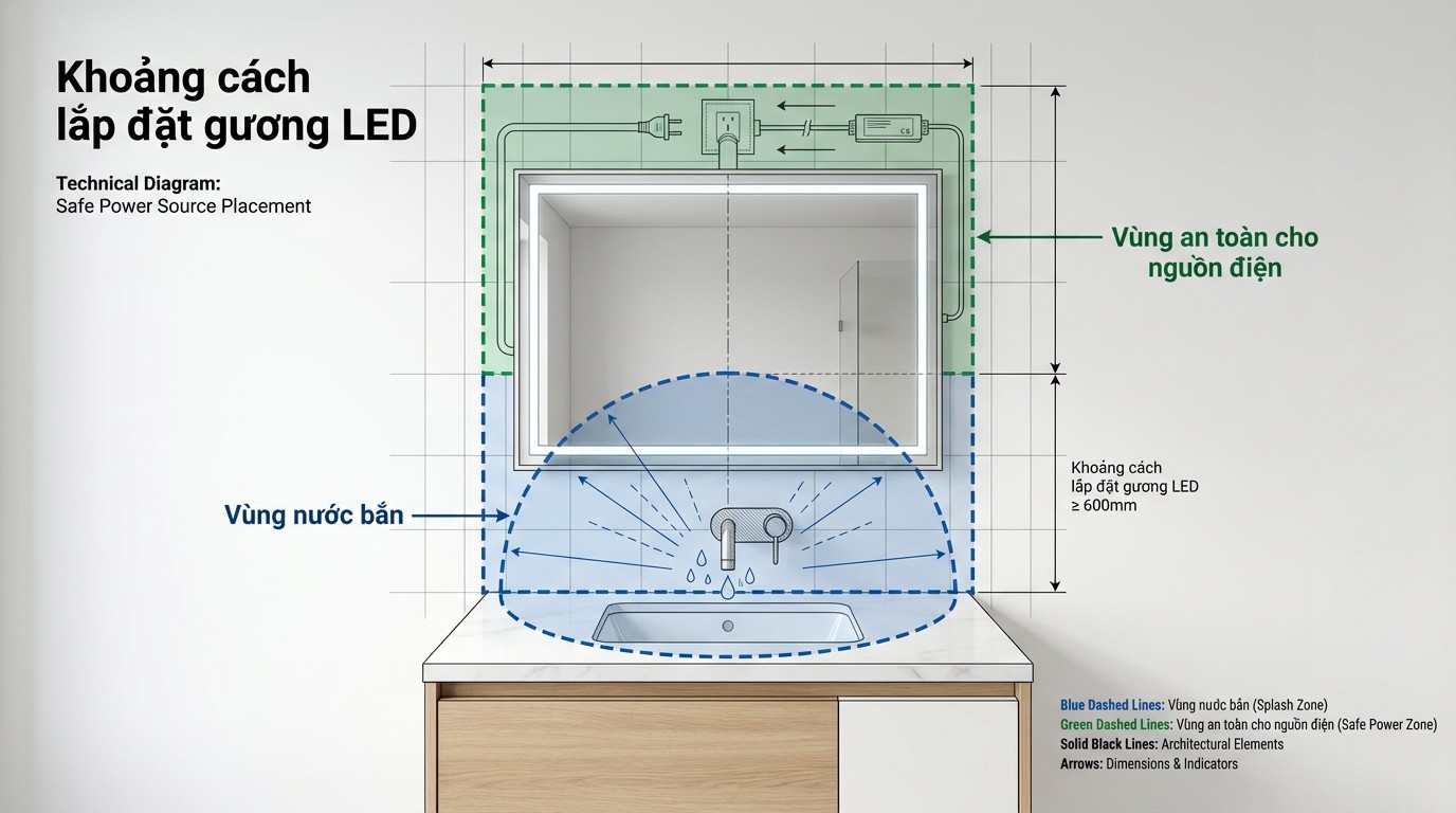 Sơ đồ vị trí nguồn điện chờ an toàn phía sau gương có đèn led và khoảng cách tránh vùng nước