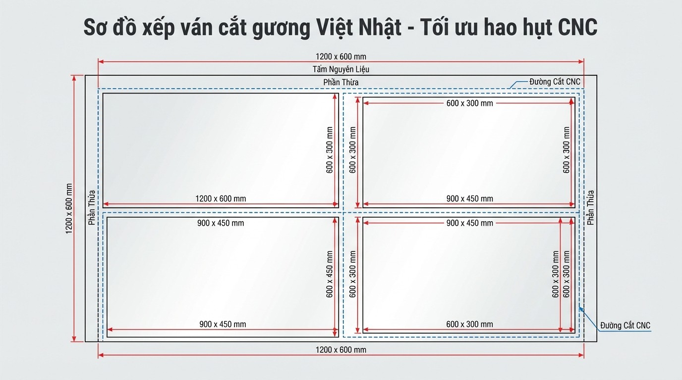 Sơ đồ xếp ván cắt gương theo khổ phôi Việt Nhật để giảm hao hụt khi gia công CNC