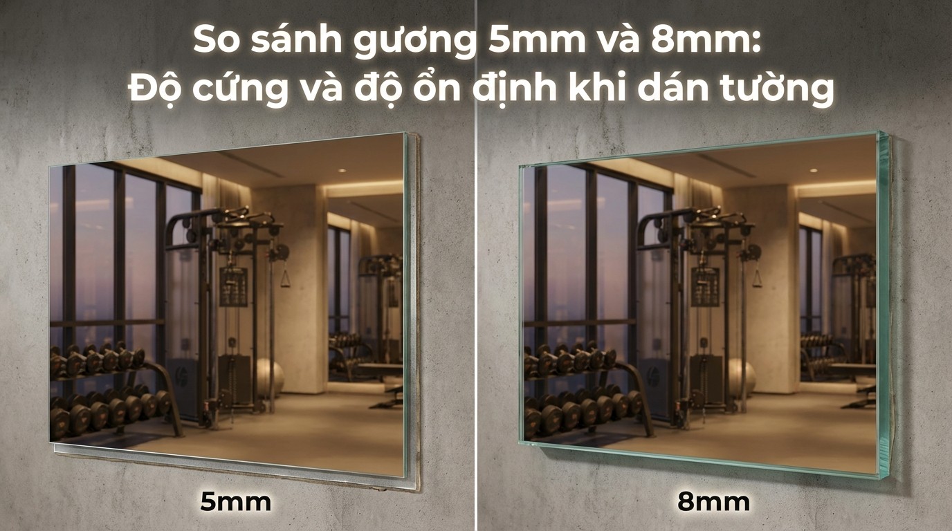 Lắp Gương Phòng Tập Tiêu Chuẩn Tận Xưởng 2 so sánh gương 5mm và 8mm về độ cứng và độ ổn định khi dán tường