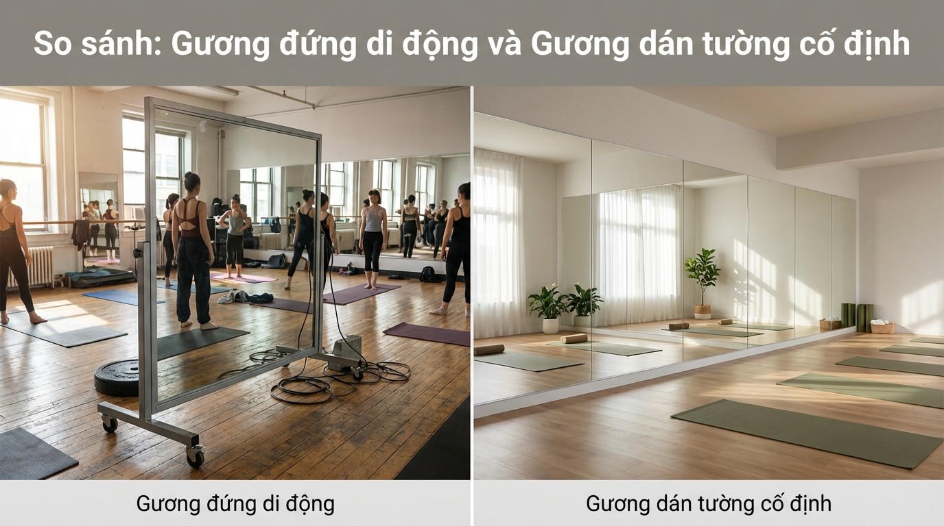 so sanh guong dan tuong co dinh va guong dung di dong trong khong gian studio yoga va phong gym