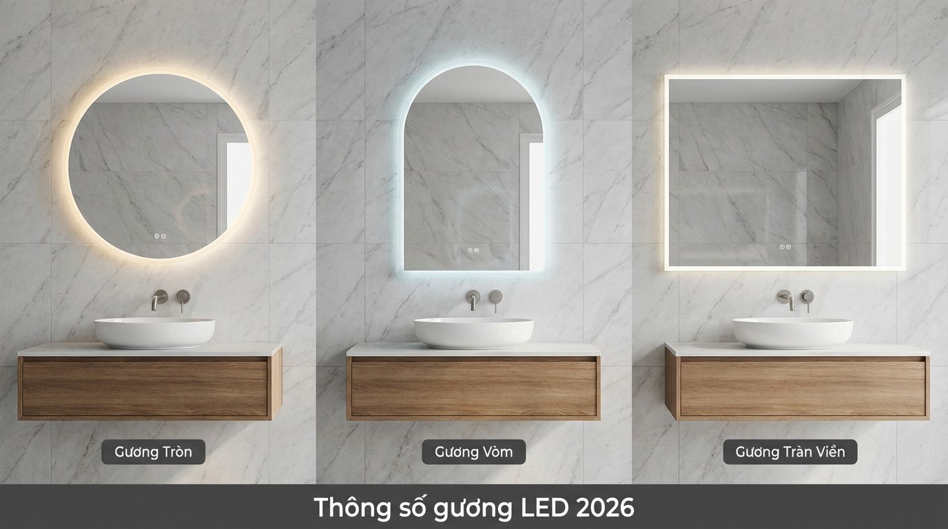 So sánh gương tròn, gương vòm và gương tràn viền trong bố cục lavabo