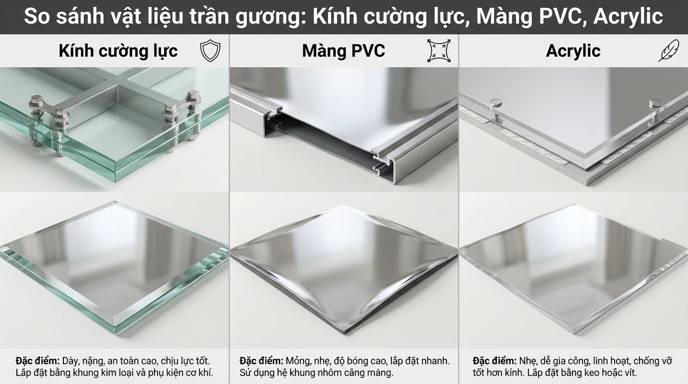 Trần Gương Phòng Khách: Tiêu Chuẩn Vật Liệu Và Báo Giá 2 So sánh kính cường lực, màng PVC và acrylic khi thi công trần gương phòng khách