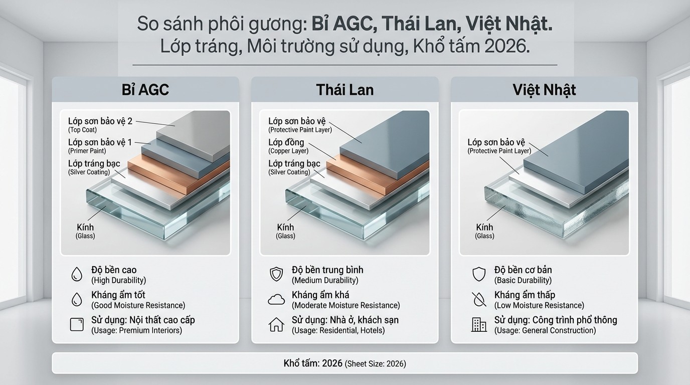 So sánh nhanh phôi gương Bỉ AGC, Thái Lan và Việt Nhật theo lớp tráng và môi trường dùng
