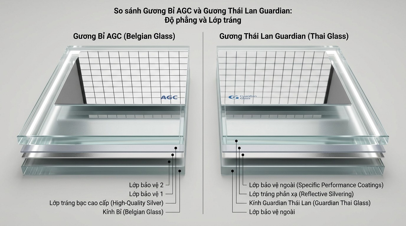 So sánh phôi gương Bỉ AGC và phôi gương Thái Lan Guardian theo độ phẳng và lớp tráng