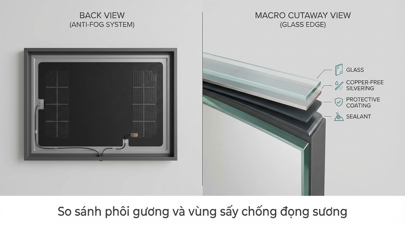 Chọn Gương Lavabo Đẹp Và An Toàn Cho Phòng Tắm 3 So sánh phôi gương và mô tả vùng sấy chống đọng sương phía sau gương lavabo