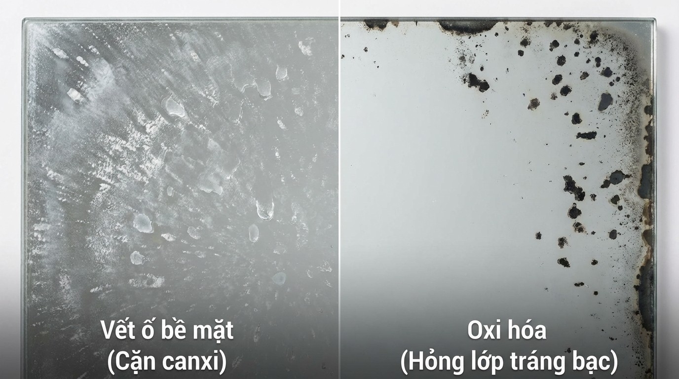 So sánh vết ố bề mặt do cặn canxi và đốm đen do oxi hóa lớp tráng bạc trên gương