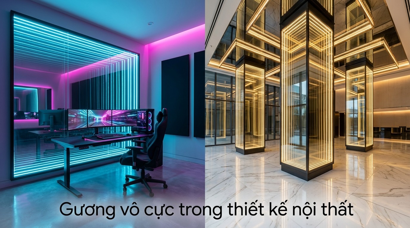 vi du bo tri guong vo cuc cho phong gaming va sanh thuong mai voi anh sang da tang