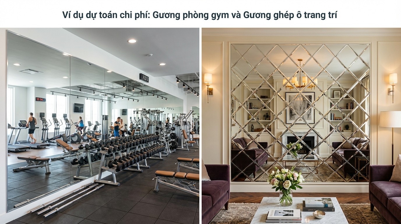 Ví dụ dự toán chi phí lắp đặt gương cho phòng gym và gương ghép ô trang trí