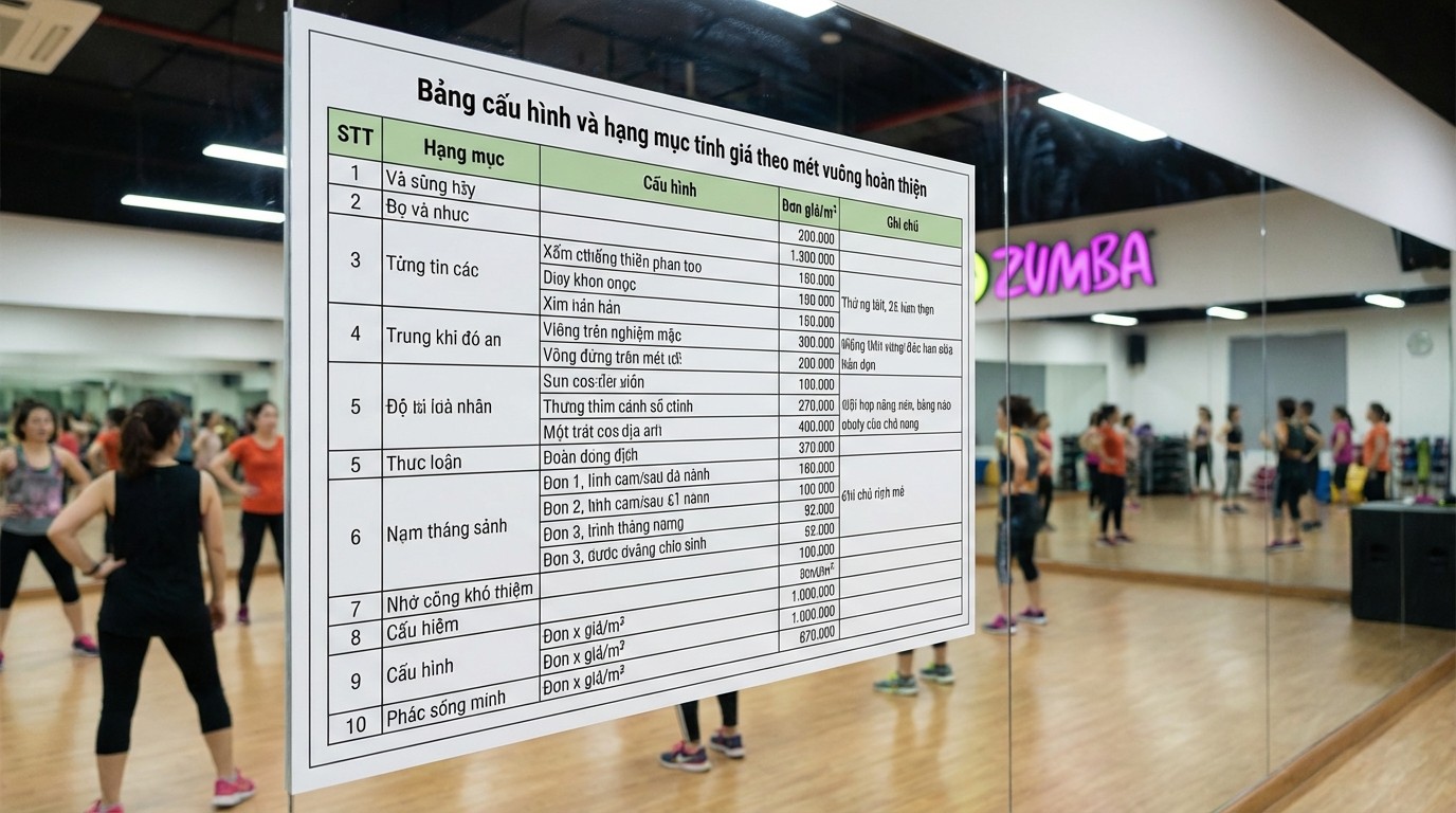 Bảng cấu hình và hạng mục tính giá theo mét vuông hoàn thiện cho gương phòng tập Zumba