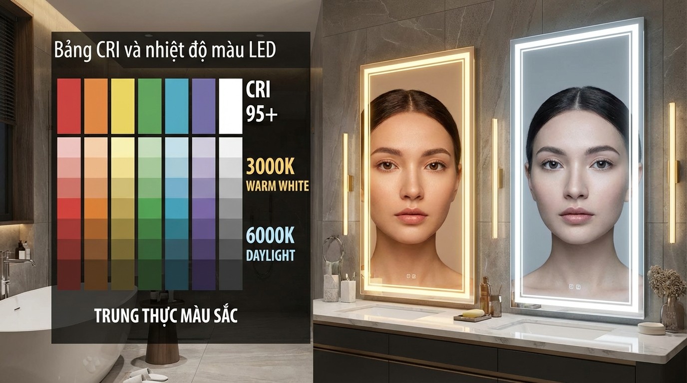 Bảng CRI và nhiệt độ màu LED 3000K 6000K khi soi gương
