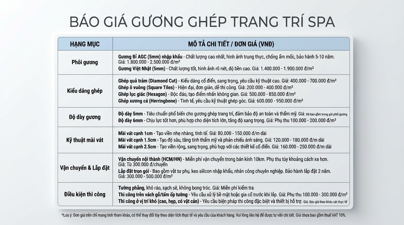 Bảng hạng mục ảnh hưởng đến báo giá gương ghép trang trí spa tại xưởng