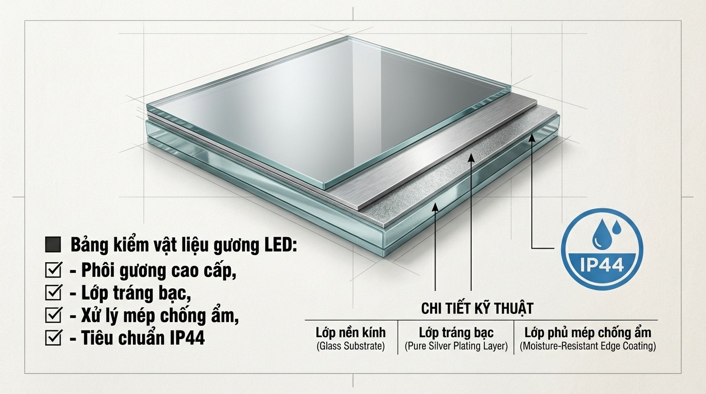Bảng kiểm vật liệu phôi gương, lớp tráng bạc và chuẩn IP44 cho gương LED
