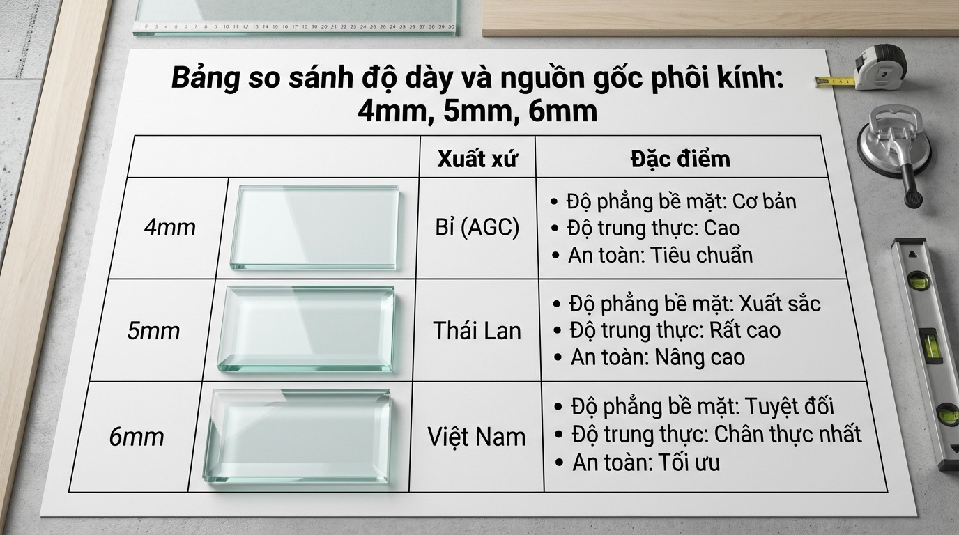 Bảng so sánh độ dày và nguồn gốc phôi kính dùng cho gương khổ lớn studio
