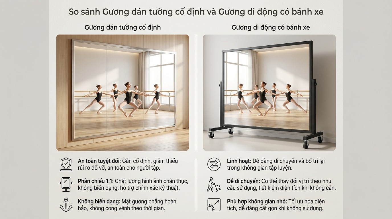 Bảng so sánh gương dán tường cố định và gương di động có bánh xe trong studio múa