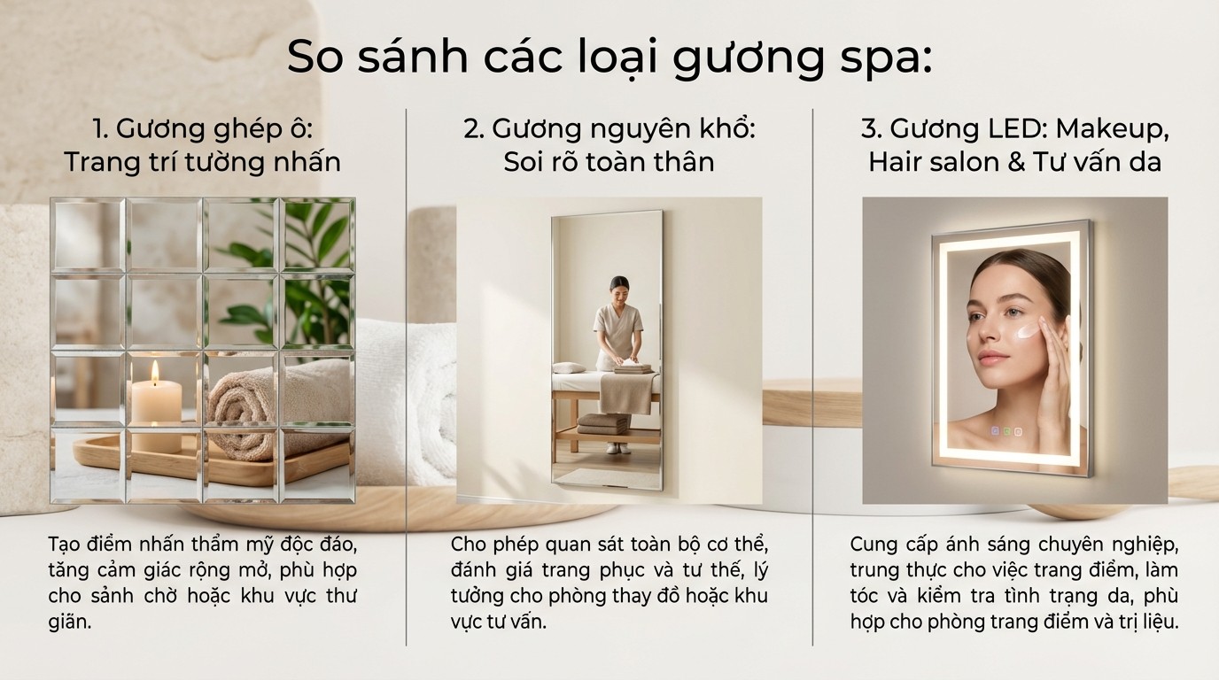 Bảng so sánh gương ghép ô, gương nguyên khổ và gương LED trong spa