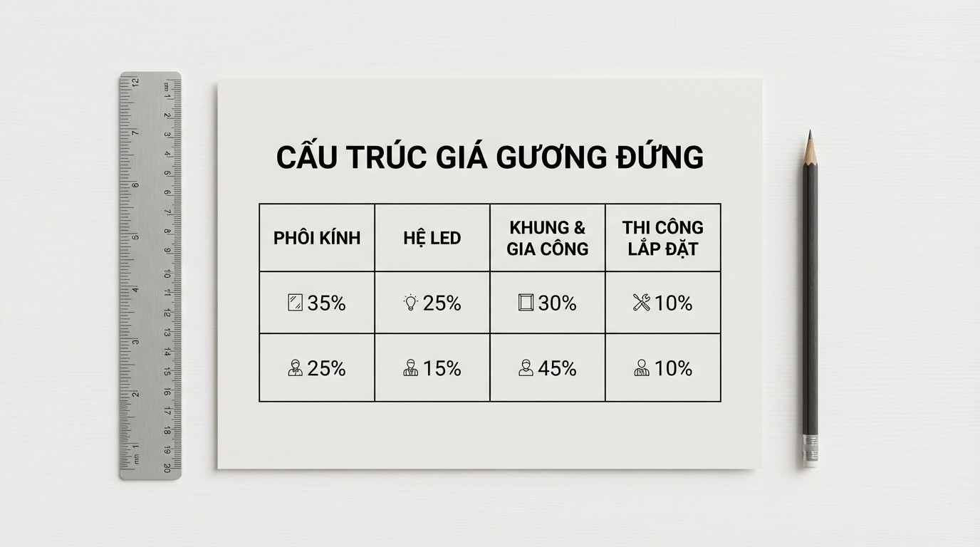 Bảng tách cấu trúc giá gương đứng có đèn theo phôi kính, LED, khung và thi công