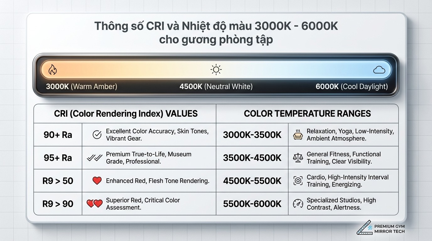 Bảng thông số CRI và nhiệt độ màu 3000K 6000K cho gương phòng tập đèn led