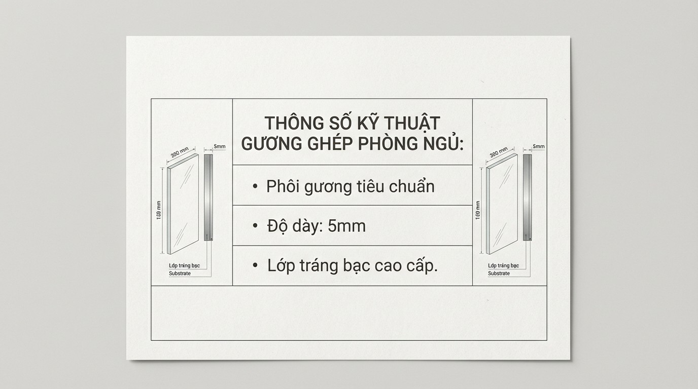 Bảng thông số kỹ thuật gương ghép phòng ngủ với phôi gương và độ dày tiêu chuẩn