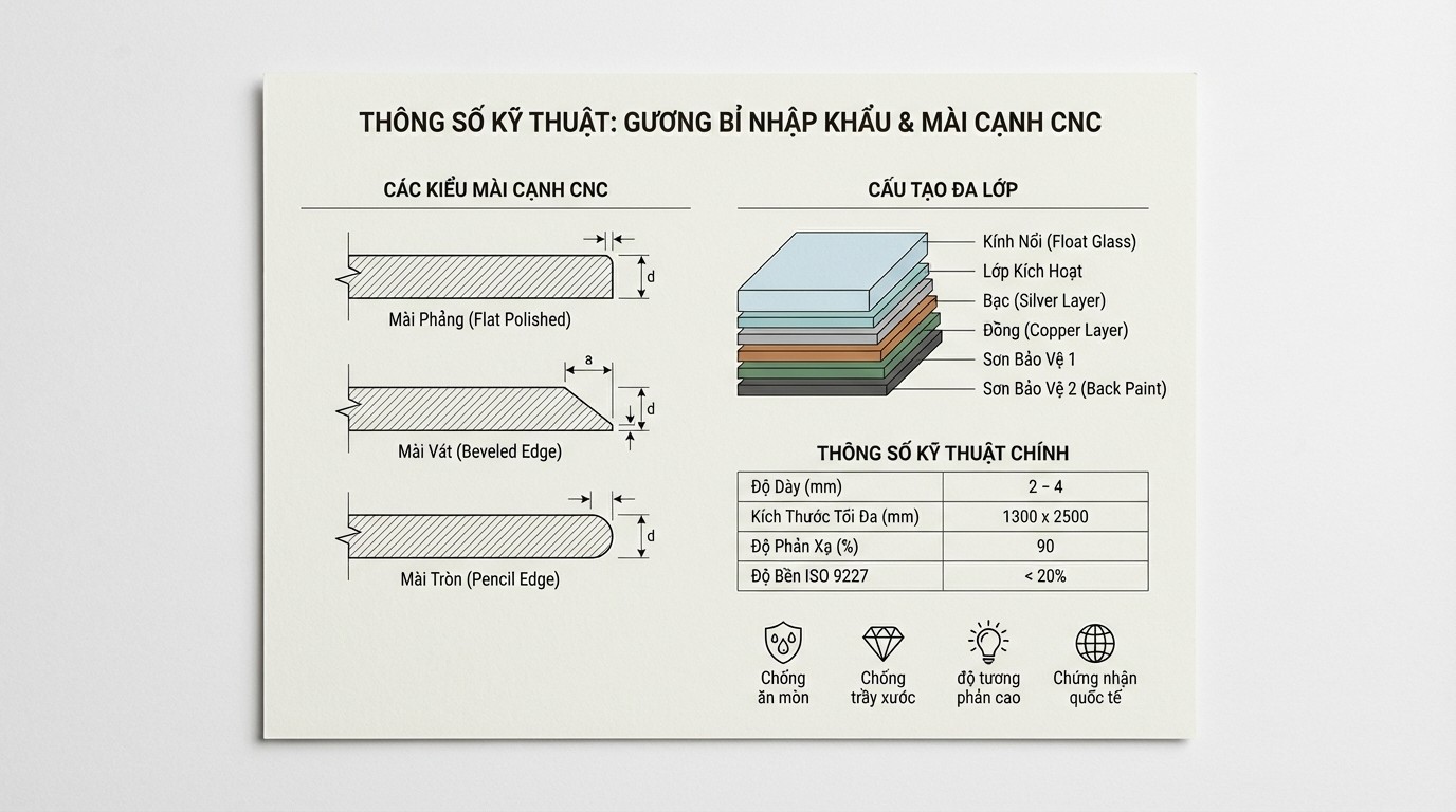 Bảng thông số kỹ thuật gương phôi Bỉ nhập khẩu và mài cạnh CNC