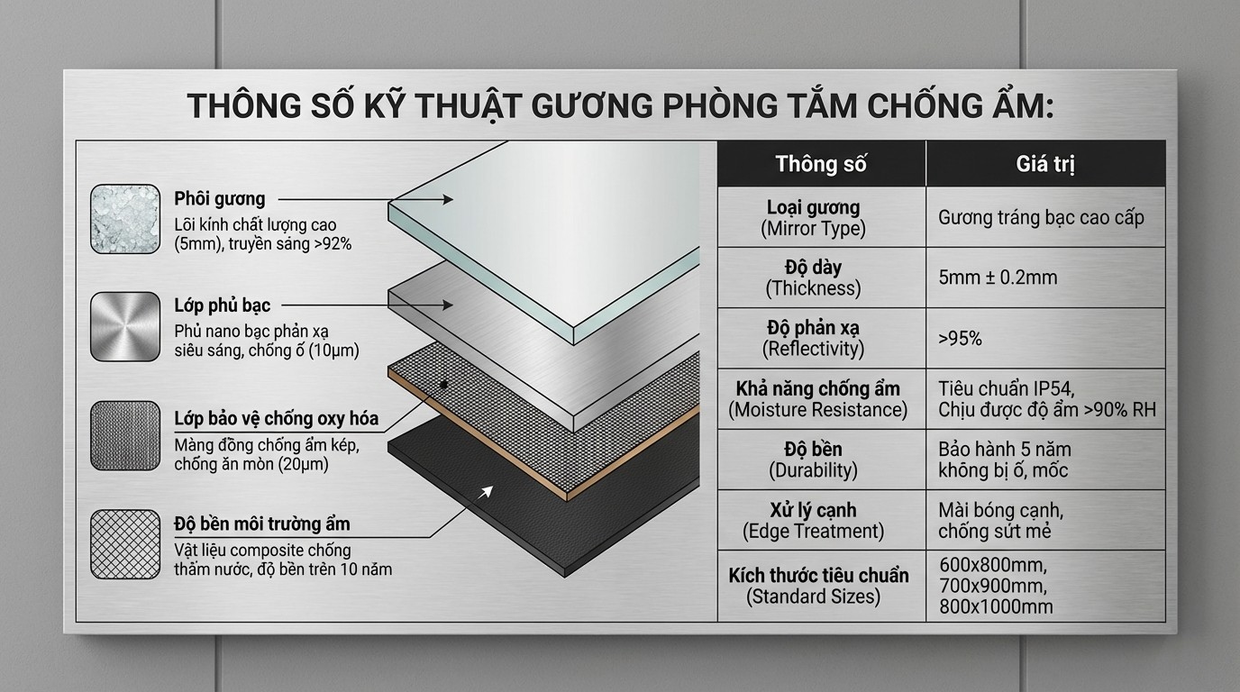 Gương Trang Trí Phòng Tắm 4 Bảng thông số kỹ thuật gương phòng tắm chống ẩm với phôi gương và lớp phủ