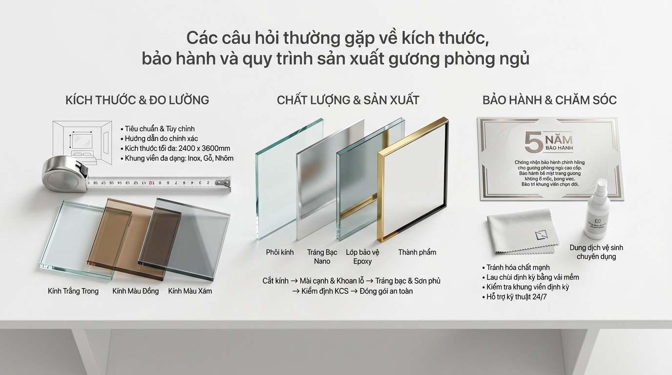 Các câu hỏi thường gặp về kích thước, bảo hành và quy trình sản xuất gương phòng ngủ