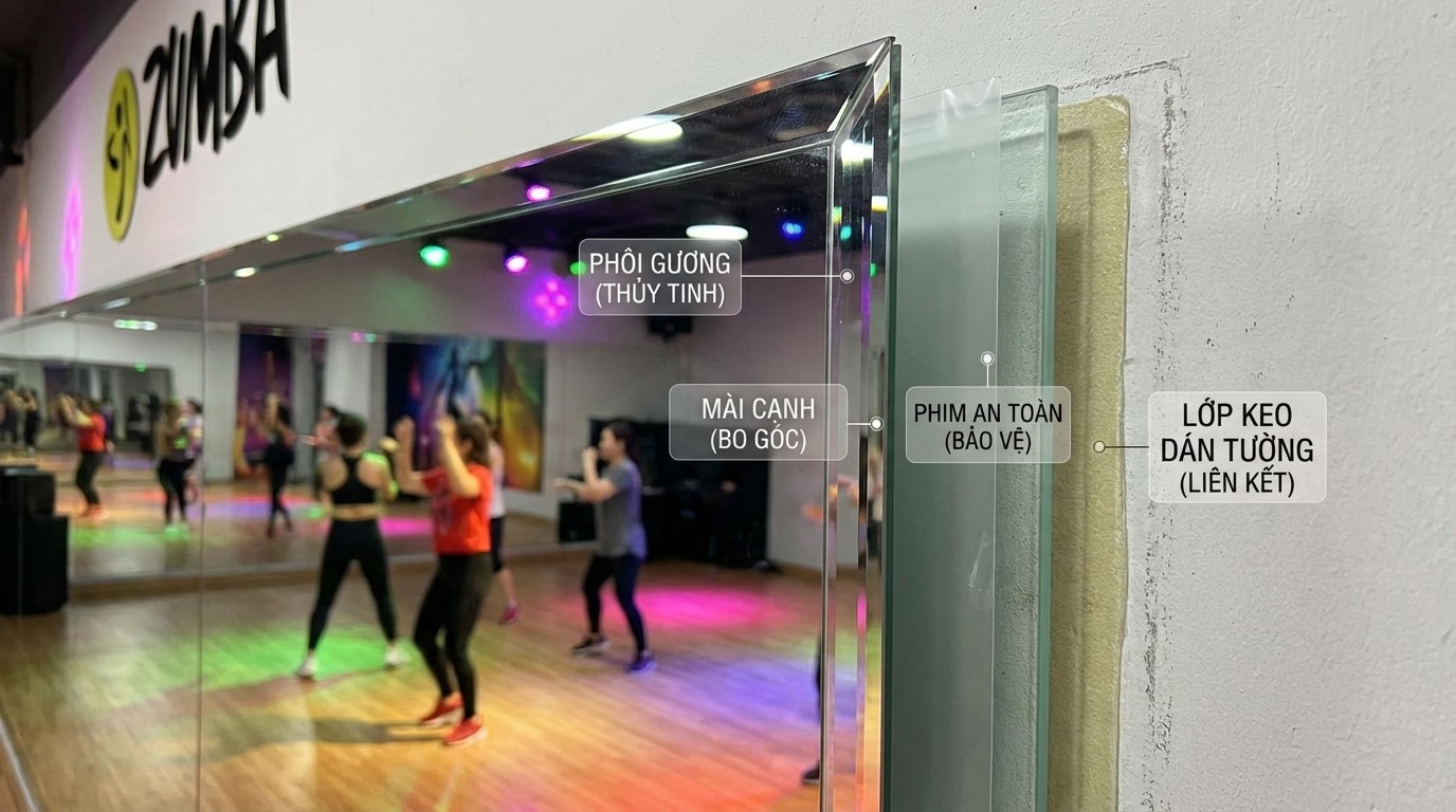 Cấu tạo gương phòng Zumba gồm phôi gương, mài cạnh, phim an toàn và lớp keo dán tường