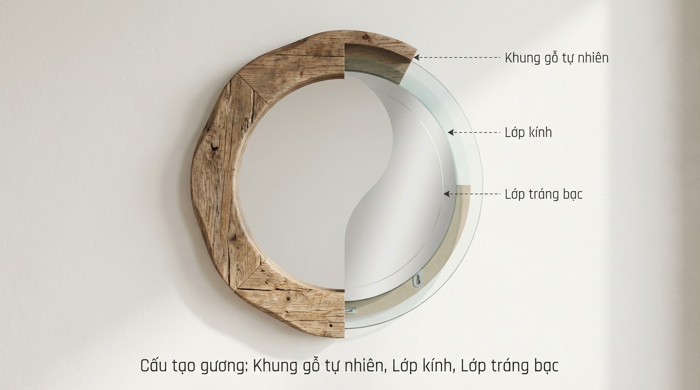 Cấu tạo gương soi khung gỗ tự nhiên với lớp kính và lớp tráng bạc