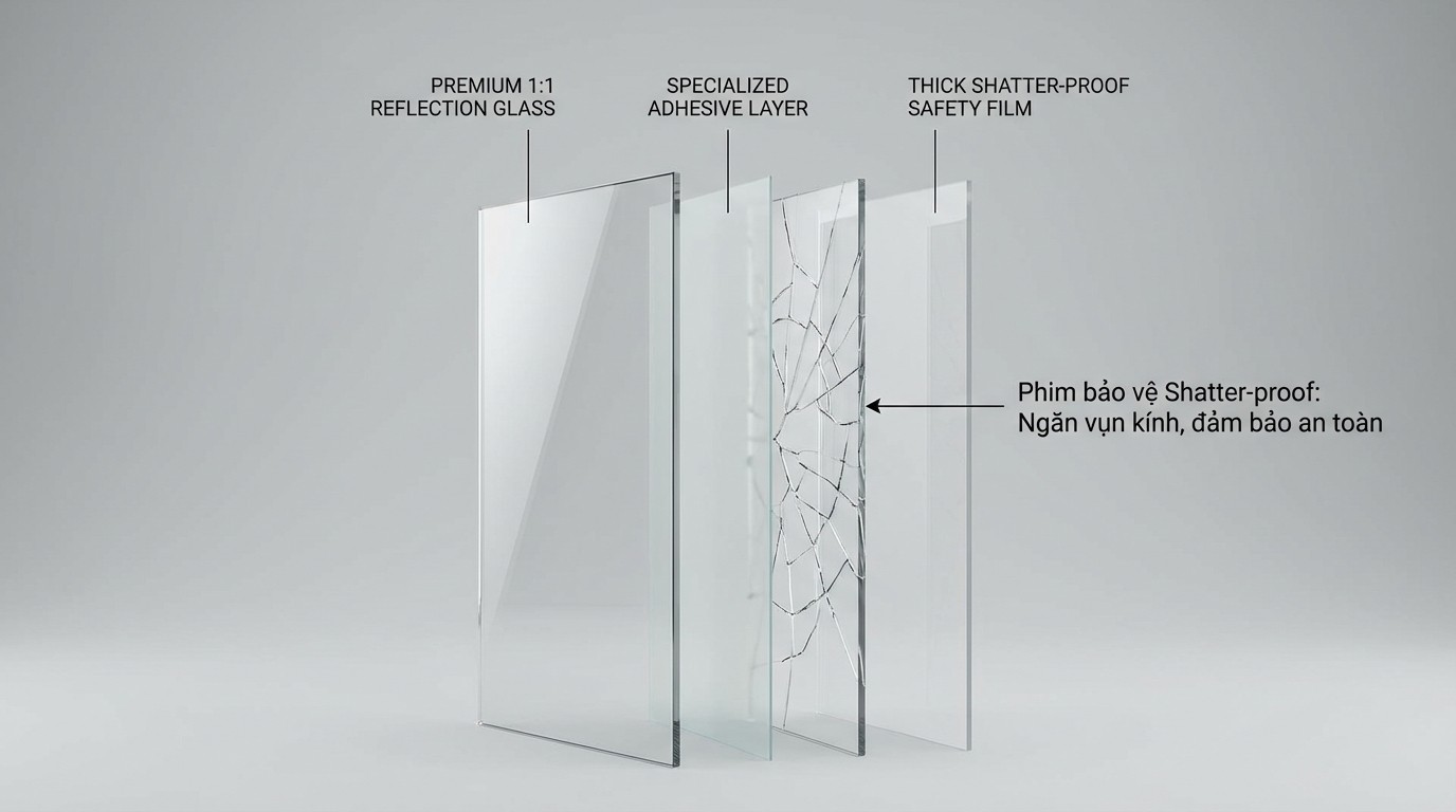 Cấu tạo phim bảo vệ Shatter proof dán sau gương để hạn chế vỡ vụn khi va chạm