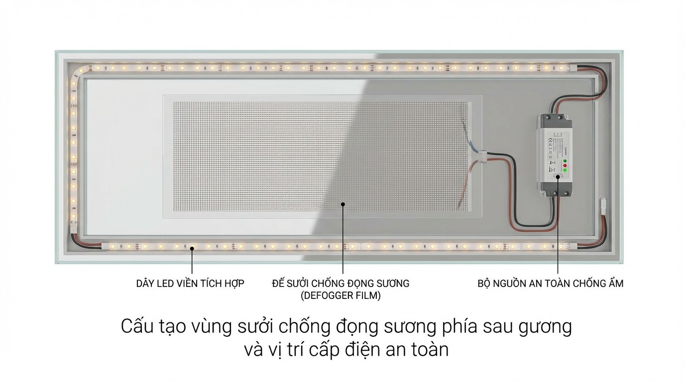 Kỹ Thuật Thi Công Gương Soi Toàn Thân Có Đèn Led 3 Cấu tạo vùng sưởi chống đọng sương phía sau gương và vị trí cấp điện an toàn