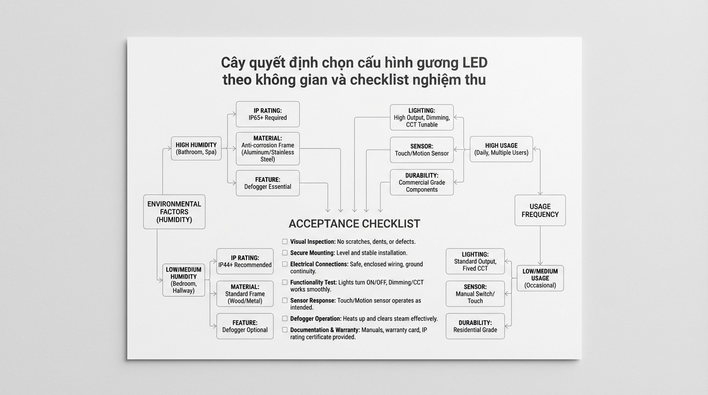 Cây quyết định chọn cấu hình gương LED theo không gian và checklist nghiệm thu