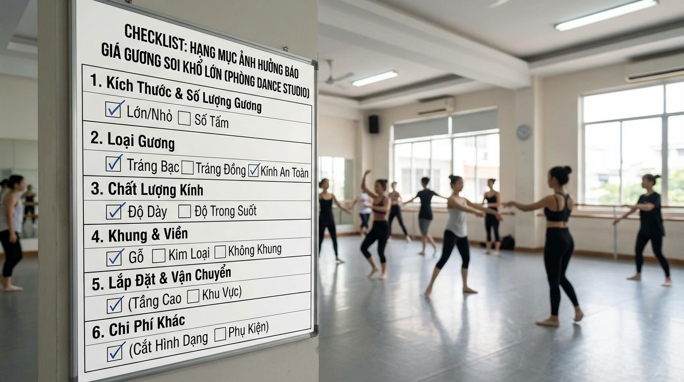 Checklist các hạng mục ảnh hưởng báo giá gương soi khổ lớn cho phòng dance studio