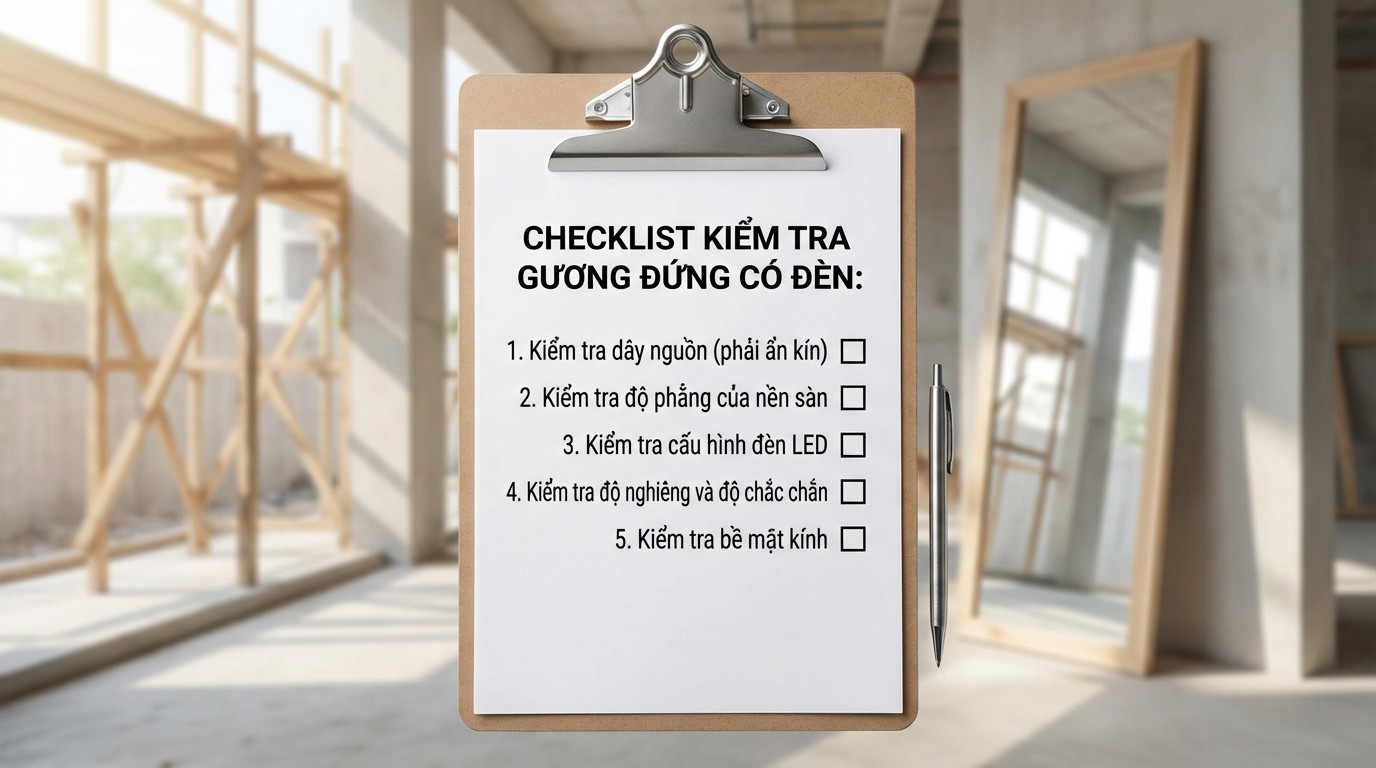 Checklist kiểm tra gương đứng có đèn trước khi lắp đặt tại công trình
