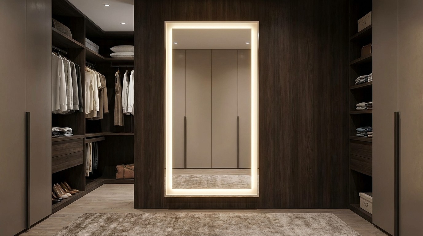 Kỹ Thuật Thi Công Gương Soi Toàn Thân Có Đèn Led 1 Gương soi toàn thân có đèn LED lắp trong phòng thay đồ với ánh sáng đều và không chói