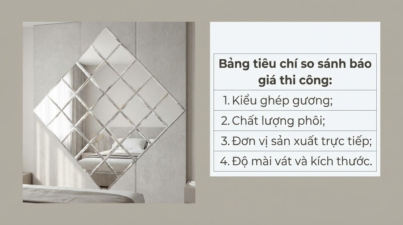 Mẫu gương ghép quả trám phòng ngủ và bảng tiêu chí so sánh báo giá thi công