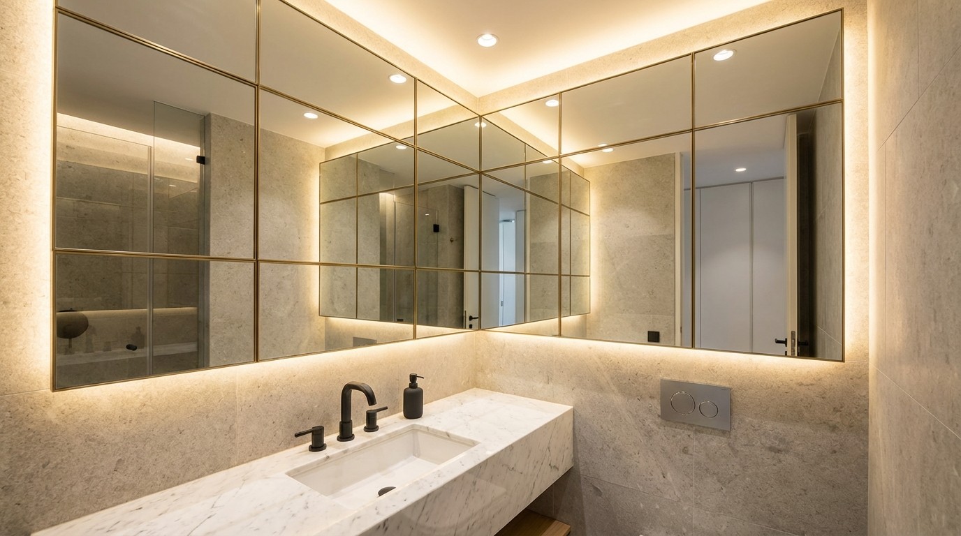 Gương Trang Trí Phòng Tắm 5 Mẫu gương ghép trang trí phòng tắm theo ô hình học hiện đại