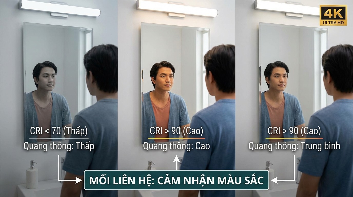 Kỹ Thuật Thi Công Gương Soi Toàn Thân Có Đèn Led 2 mối liên hệ giữa CRI, quang thông và cảm nhận màu khi soi gương