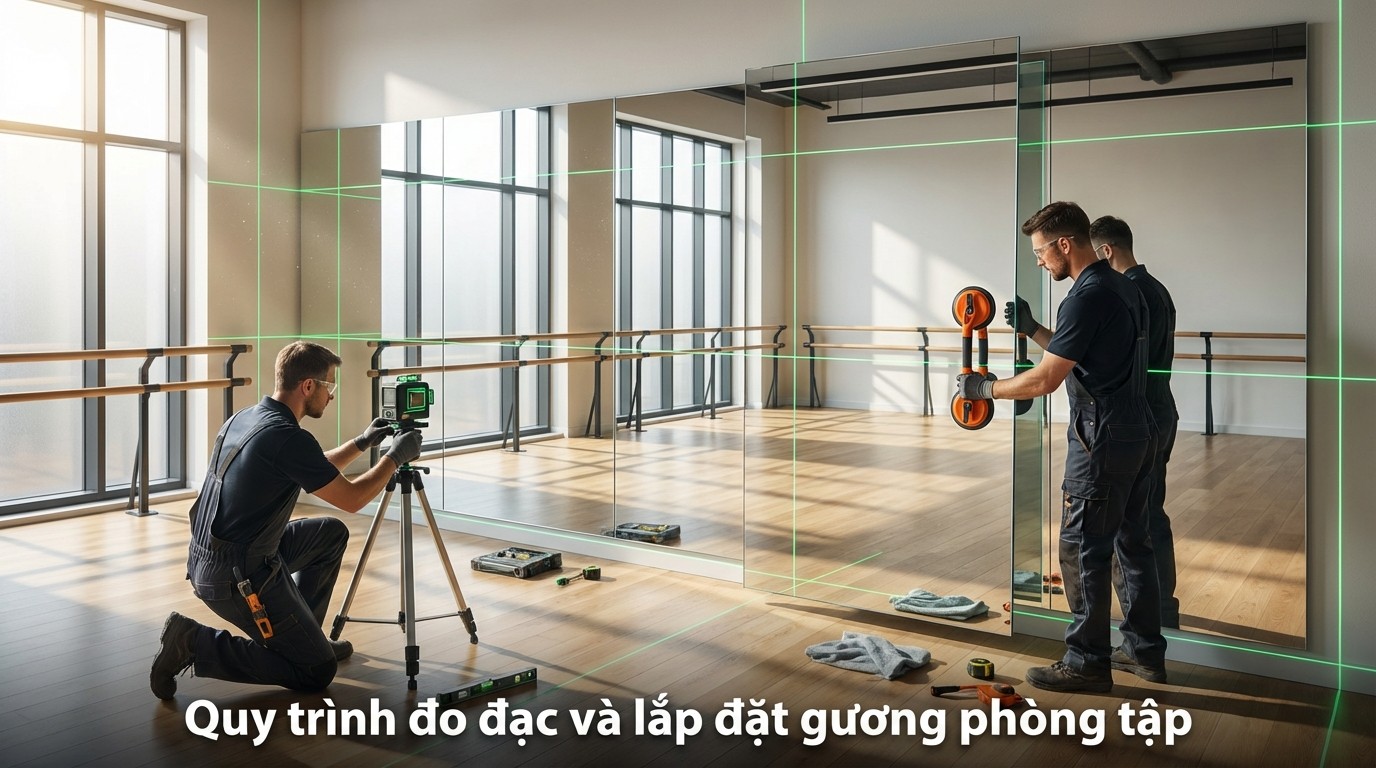 Quy trình đo đạc, cân chỉnh tường và xử lý mối nối gương khổ lớn trong studio múa