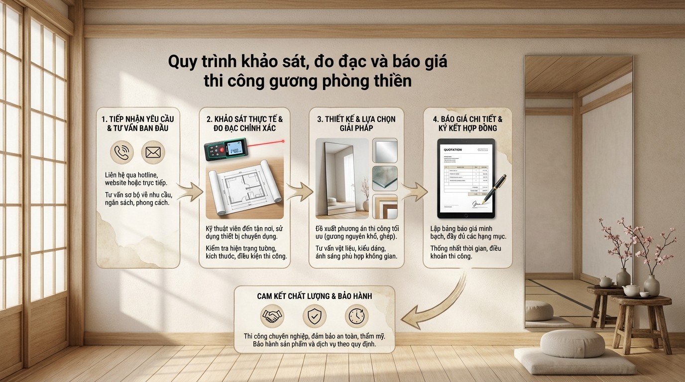 Quy trình khảo sát, đo đạc và báo giá thi công gương phòng thiền