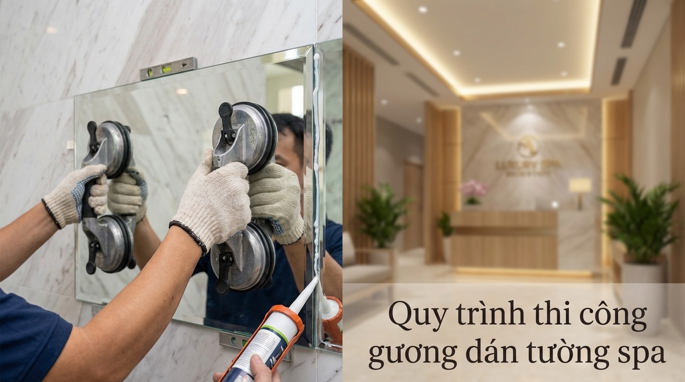 Quy trình thi công gương dán tường spa bằng keo chuyên dụng và căn chỉnh mạch ghép