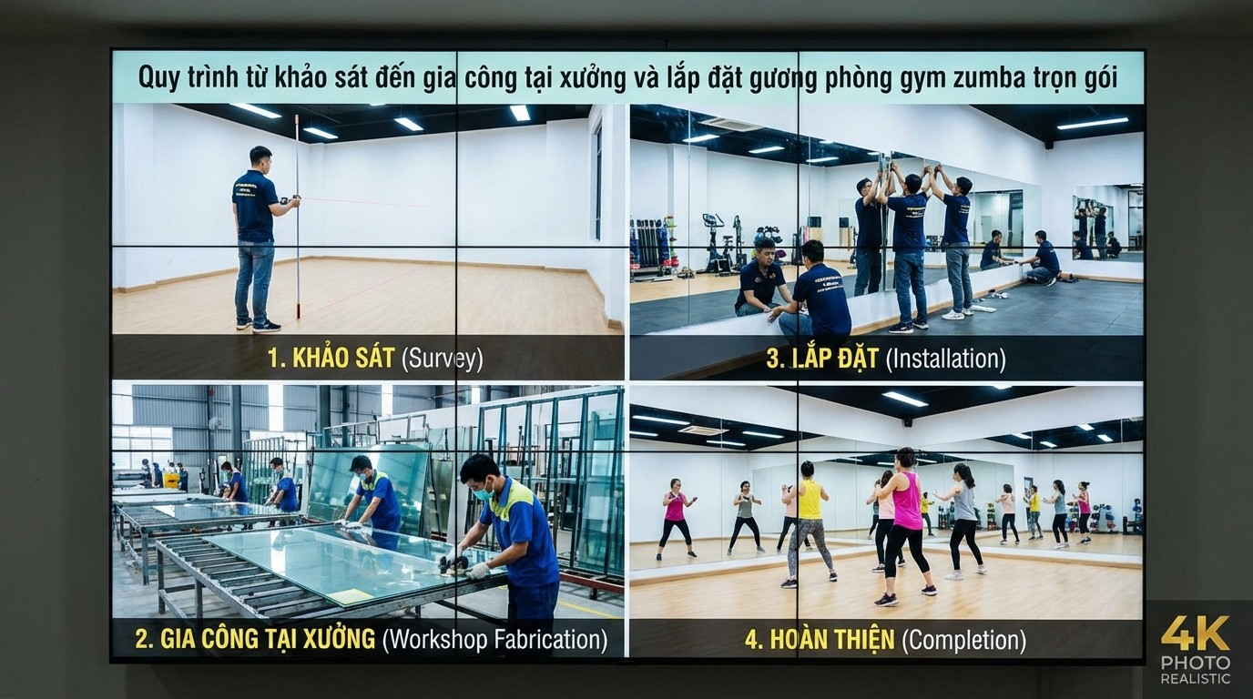 Quy trình từ khảo sát đến gia công tại xưởng và lắp đặt gương phòng gym zumba trọn gói