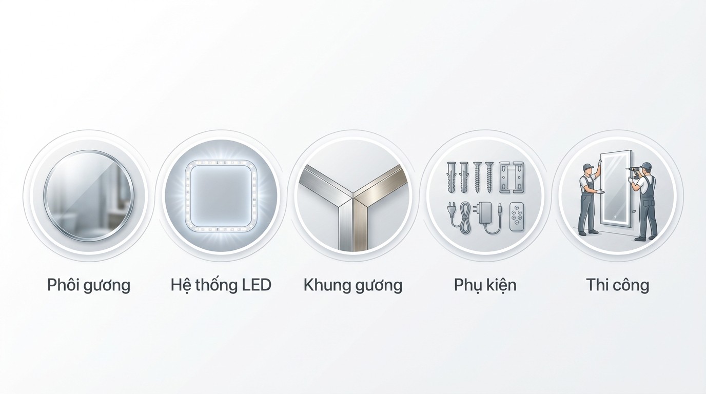 Kỹ Thuật Thi Công Gương Soi Toàn Thân Có Đèn Led 5 Sơ đồ các cấu phần chi phí của gương LED gồm phôi gương, LED, khung, phụ kiện và thi công