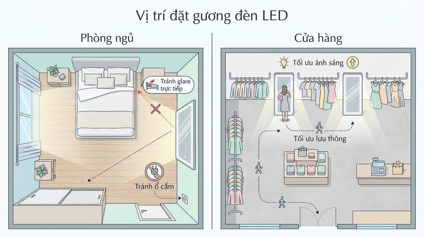 Chọn Mua Gương Đèn Led Toàn Thân 2026 2 Sơ đồ gợi ý vị trí đặt gương đèn led toàn thân trong phòng ngủ và cửa hàng