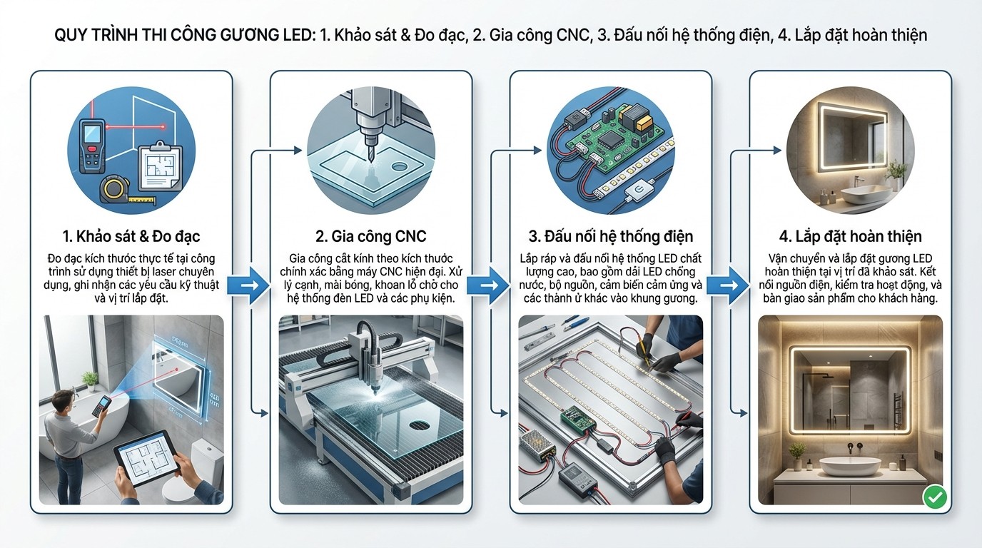 Sơ đồ quy trình khảo sát, cắt CNC, đấu điện và lắp đặt gương LED tại công trình