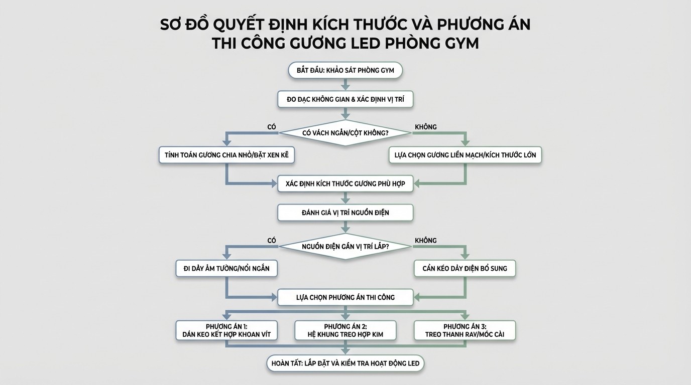 Sơ đồ quyết định kích thước và phương án thi công gương dán tường phòng gym có đèn led