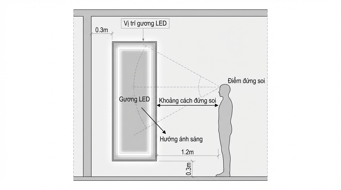 Sơ đồ tính khoảng cách đứng soi và vị trí đặt gương đứng đèn LED trong phòng