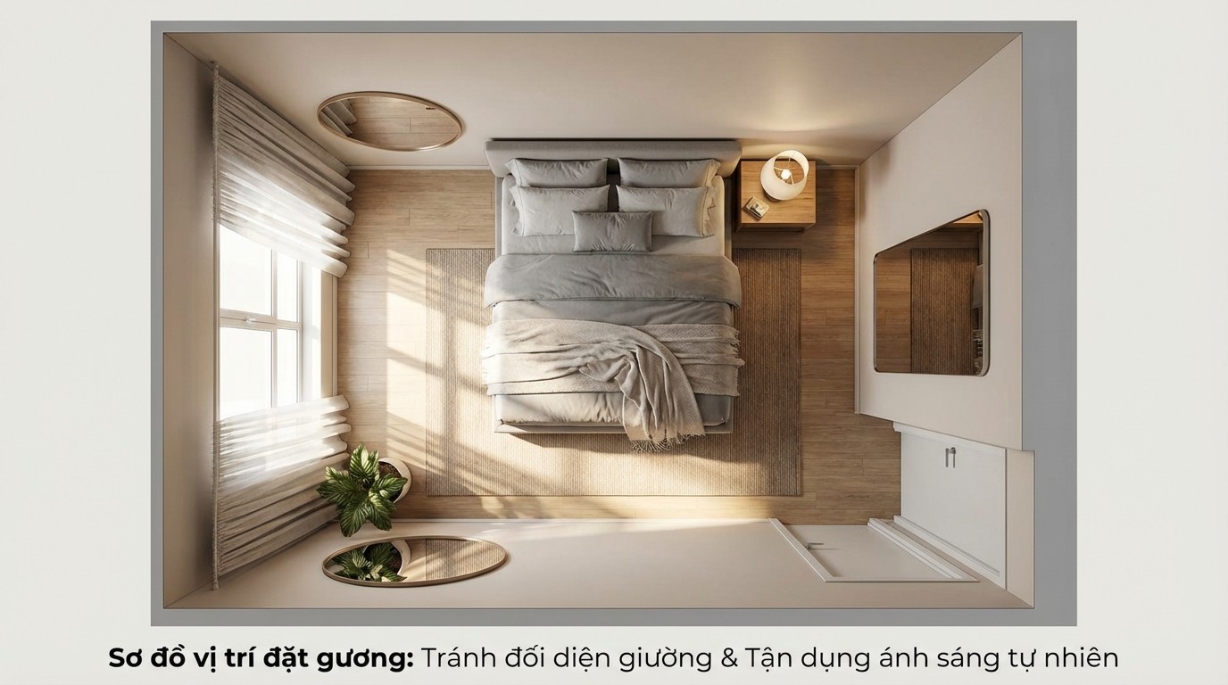 Sơ đồ vị trí đặt gương phòng ngủ tránh đối diện giường và tận dụng ánh sáng